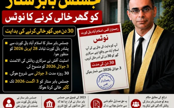 اسلام آباد ہائی کورٹ کے جسٹس بابر ستار کو رہائش گاہ خالی کرنے کا نوٹس